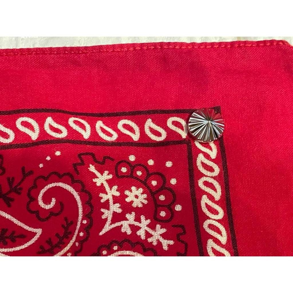 Used 80s USA-made bandana, red, paisley, with concho and studs, made in America