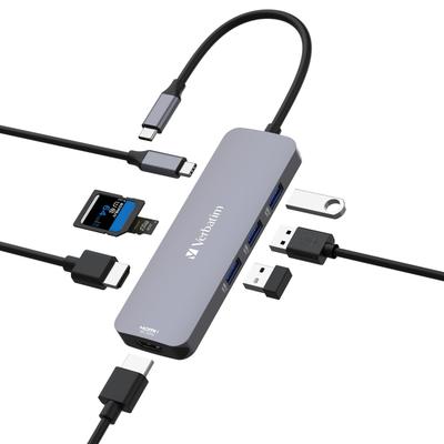 Verbatim USB Hub with PD Fast Supports Up To 85W USB Power 4K Output 5Gbps HDMI 8K HDMI 4K 3 SD Card Micro SD Card 32151 8-in-1 Type-C Charging,