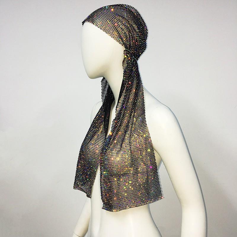 Womens Elastic Rhinestone Pirate Hat Long Tail Headscarf Music Performance Unisex Headwear