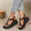 Square Hollow Women'S Wedge Sandals  Solid Color Metal Decoration Comfortable Arch Support Open Toe Suitable for Summer Platform Sandals, Women Shoes