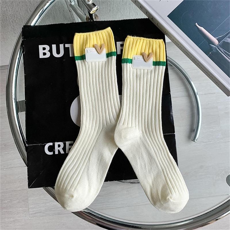 Japanese Style Women Y2K Girl Cotton Crew Socks Harajuku Sweet Love Label Colorblock Ribbed Knit Middle Tube Calf Socks
