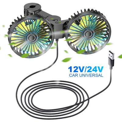 12V/24V ventilátor pro chlazení opěradla autosedačky s dvojitou hlavou, USB, automatický ventilátor pro zadní sedadla, rotace o 360 stupňů, 3 rychlosti, nastavitelné díly pro interiér auta
