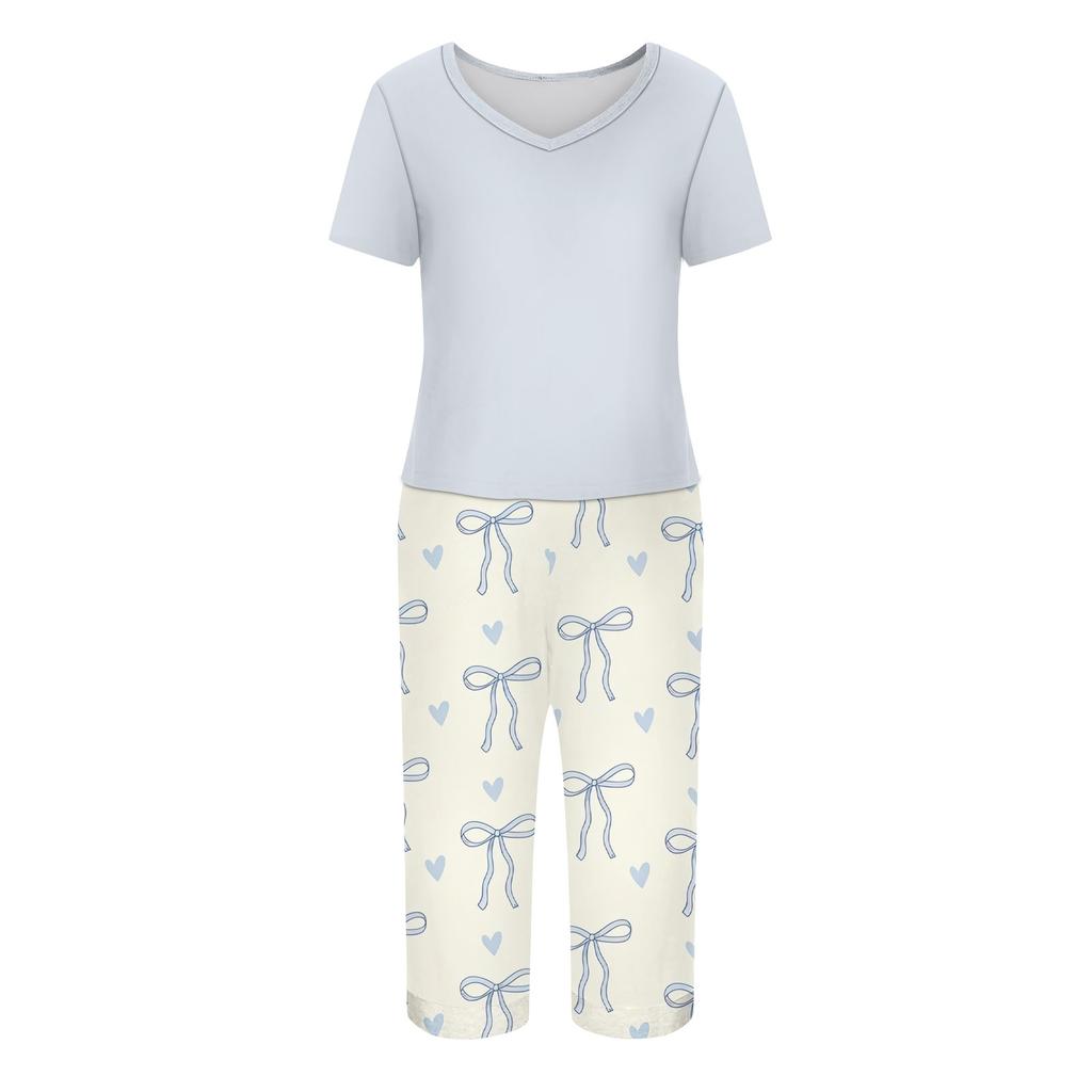 Women's Printed Two Piece Short Sleeve Pajama Set with Pants for Casual Sleepwear