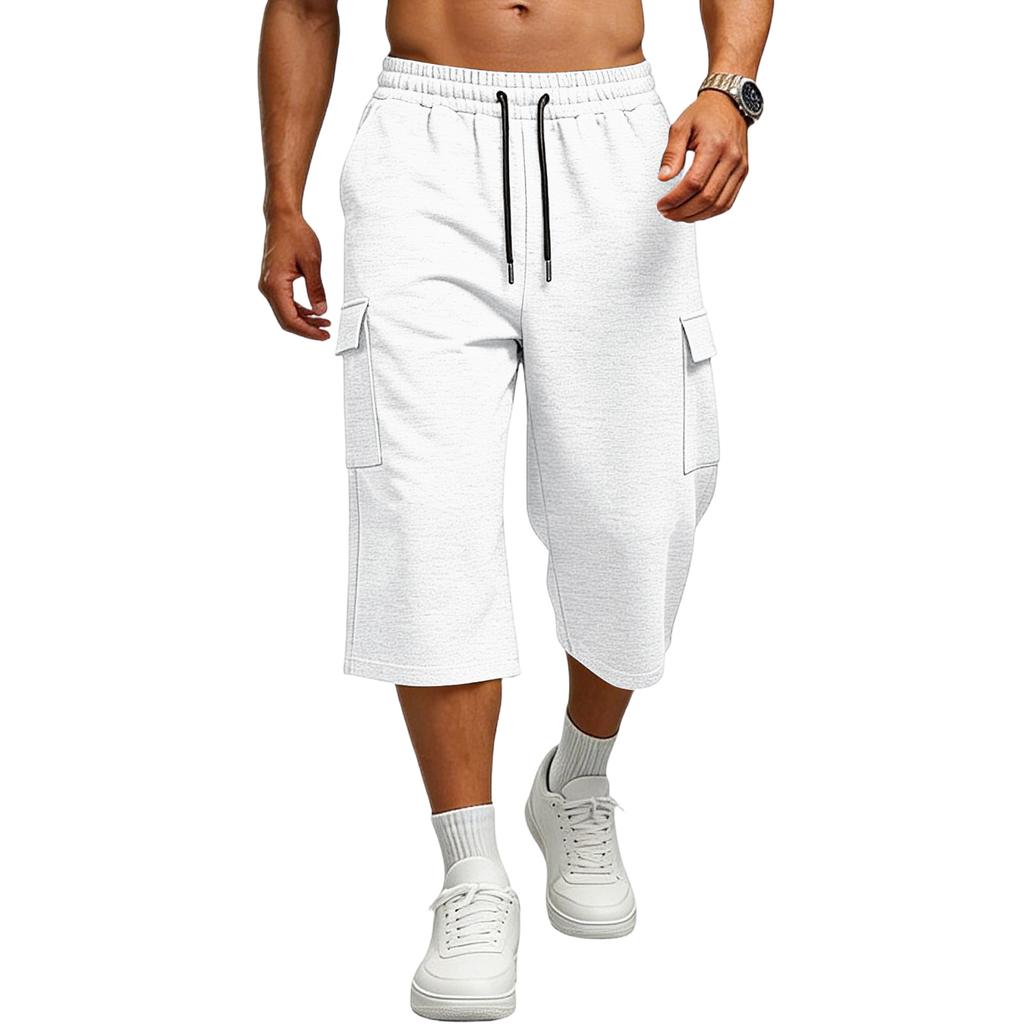 Men Loose Fit Knee Length Cargo Shorts with Elastic Waistband Drawstring and Large Side Pockets for Daily Wear