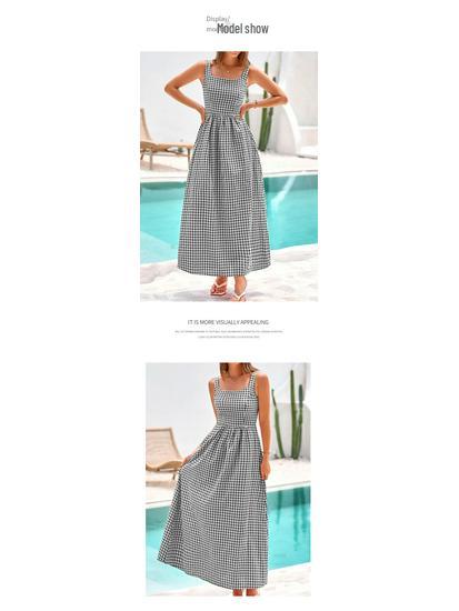 European & American Style Square Neck Plaid Shirred Dress - Fashionable Strappy Casual Women's Dress