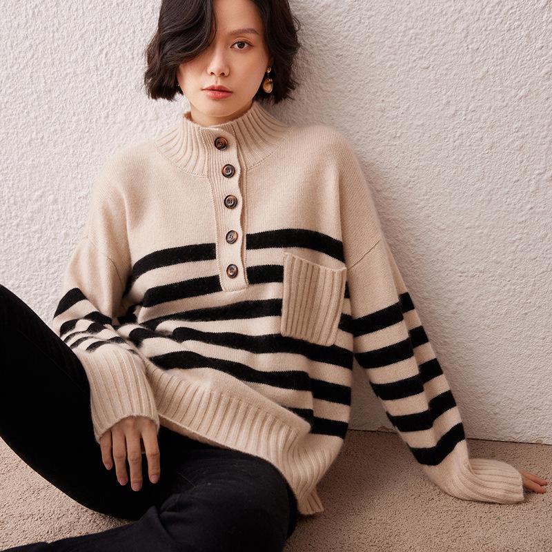 Lekasha Cashmere Striped Knit Sweater - Versatile, Skin-Friendly, Loose Fit for Autumn/Winter
