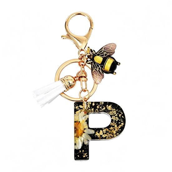 Dried Flower Letter Charm Bee Keychain Pendant Resin Black 1 Pc