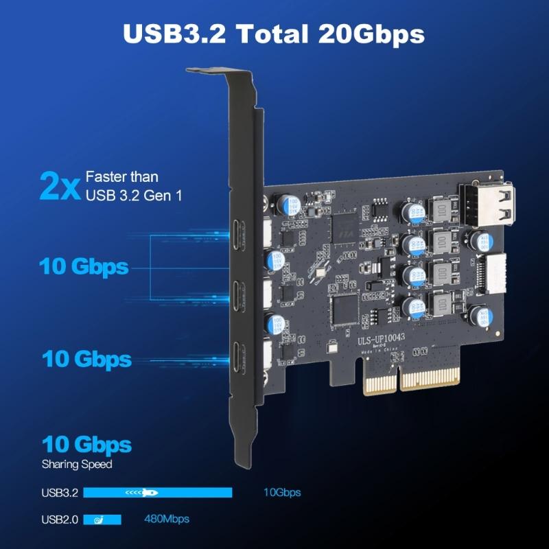 1PC PCI-E 4X PCI-Express To USB 3.2 Gen2 Type-C 3- Port Pansion Card Asm3142 Chip 20Gbps Support PCi-E 4 6 16