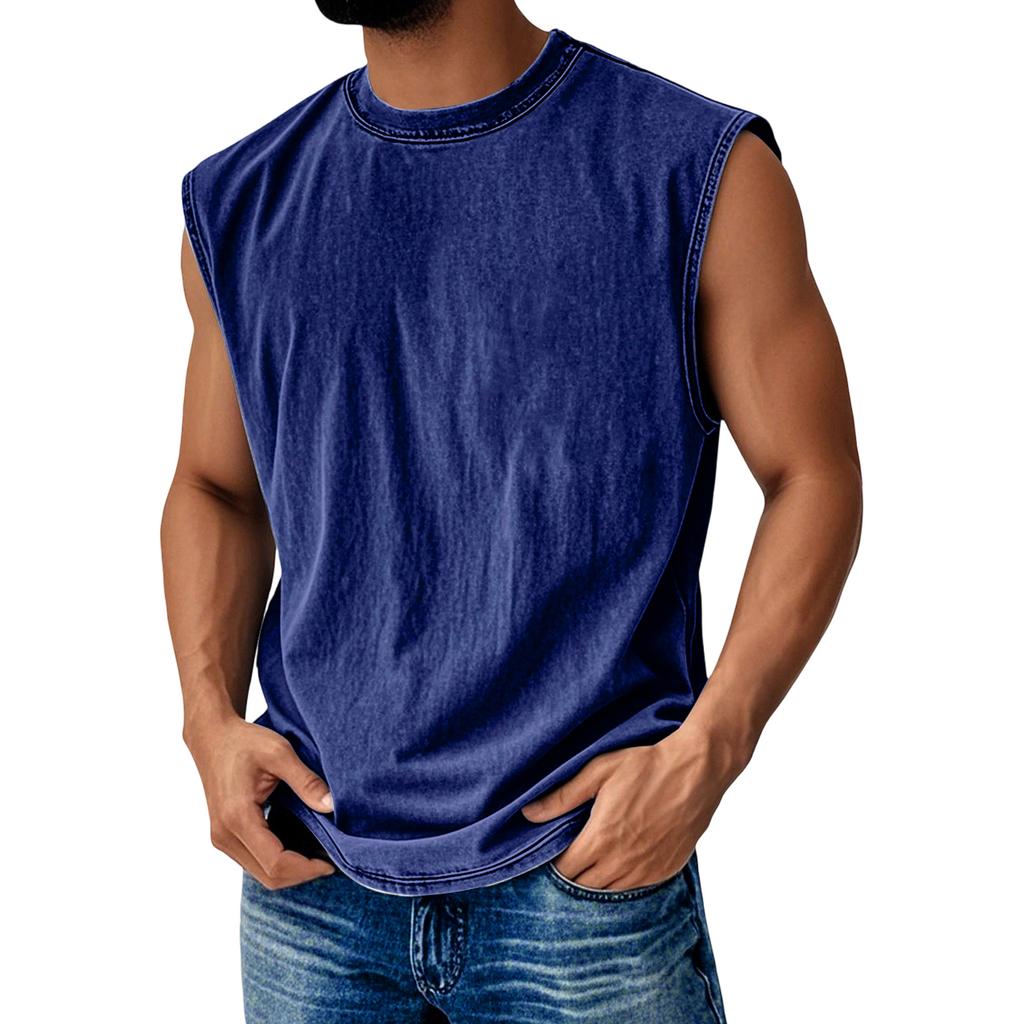 Men Sleeveless Washed Tank Top Casual Relaxed Fit Crew Neck Muscle Tee Athletic Workout Shirt for Everyday Wear