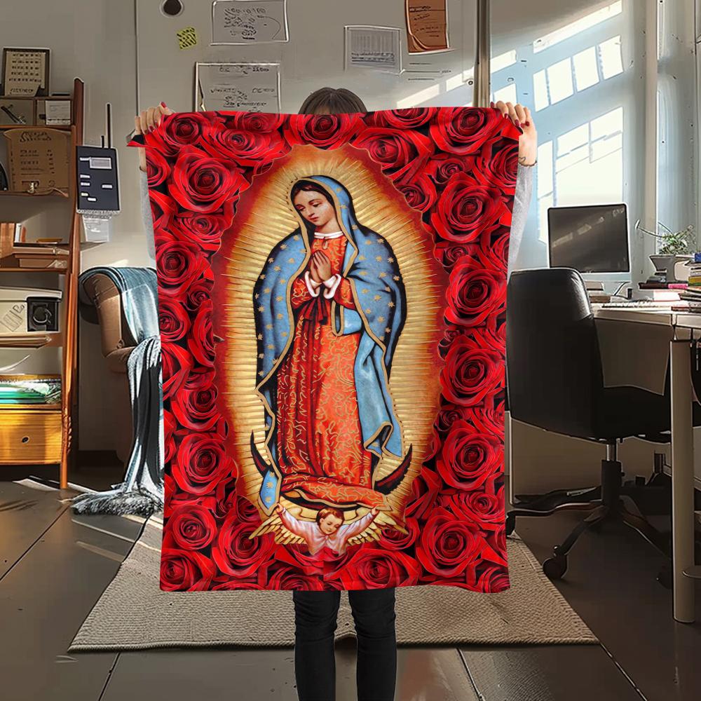 1Pc Virgin Mary Print Flannel Blanket, High quality Comfortable for All Seasons, Home Decor, Warmth and Comfort, Perfect for Christmas Gifts