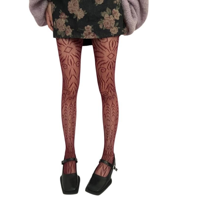 Women Vintage Hollowed Fishnet Pantyhose Stockings Japanese Aesthetic Exotic Geometric Patterned Mesh Tights Leggings