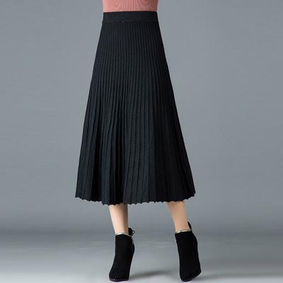 Yousheng Women Pleated Skirt Elastic High Waist A-Line Midi Skirt Solid Color Mid-calf Length Skirt Thickened Commuting Style Skirt