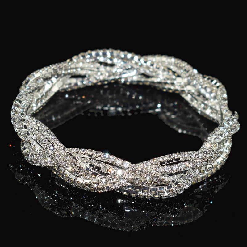 Modisches 6-Strang geflochtenes Strass-Stretch-Armband, 6-reihiges volles Kristall-Breitarmband, Gold Silber Statement-Handgelenkschmuck