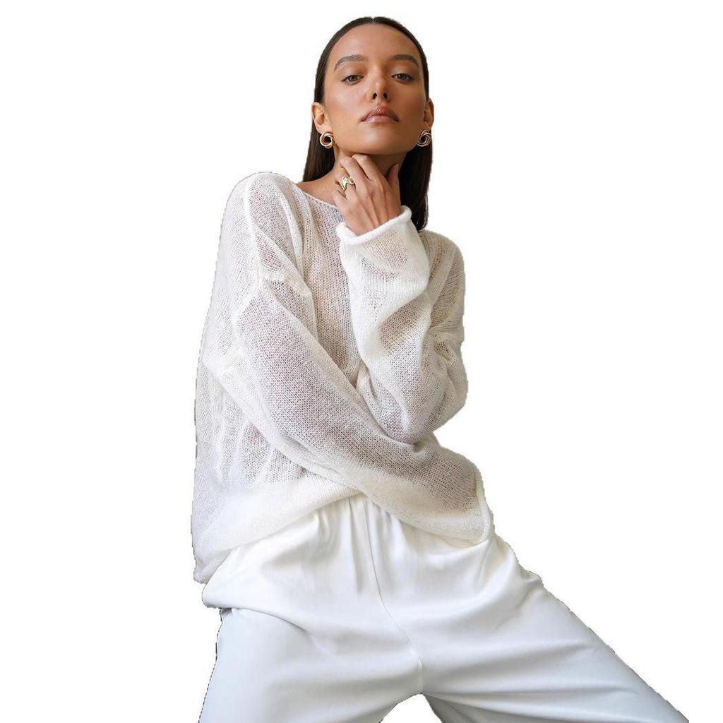 "2025 Spring/Summer Women's Sheer Knit Sweater: European and American Style, Trumpet Sleeves, Round Neck"