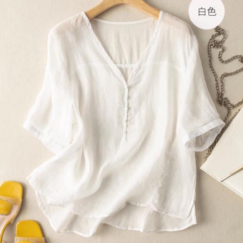 Short-sleeved T-shirt loose V-neck thin solid color versatile casual thin top summer new cotton and linen pullover T-shirt women
