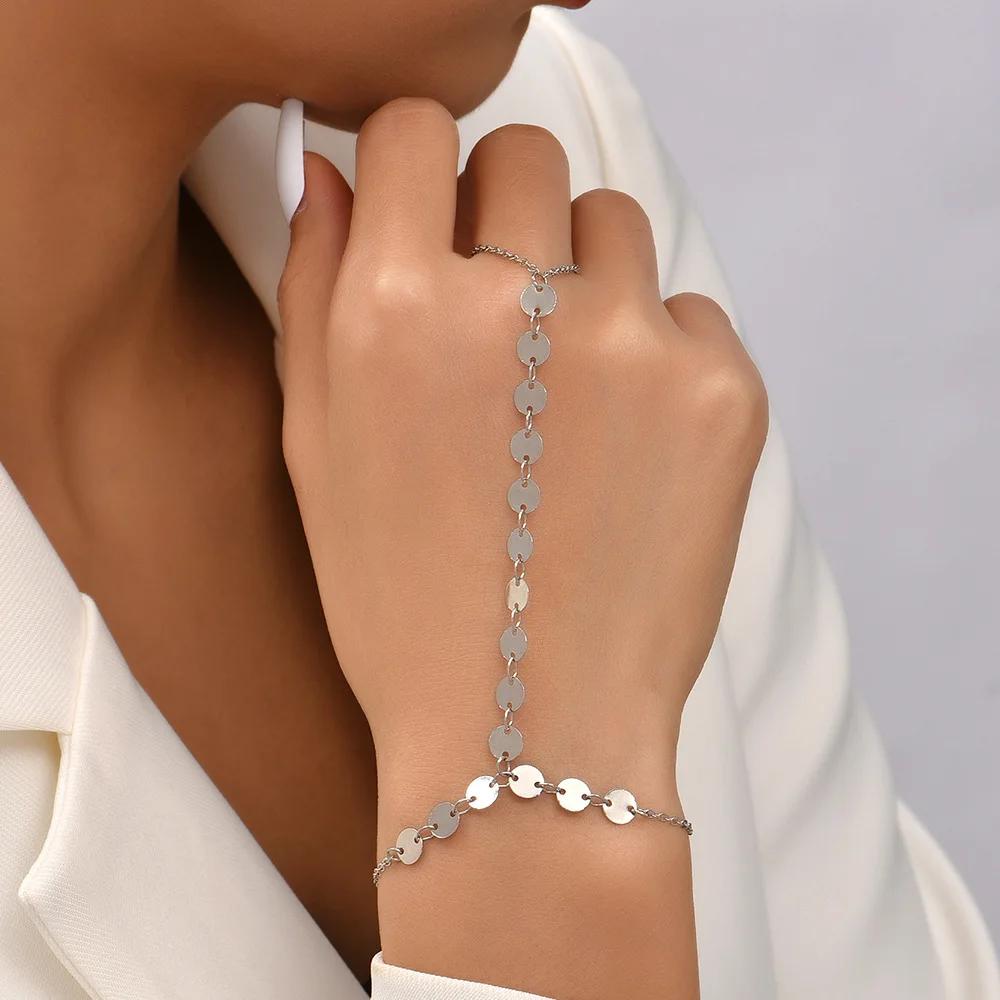 Simple Heart Slave Chain Bracelet Gold Plated Link Connected Wide Finger Ring Bracelets Jewelry Gifts For Women Girls