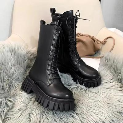 Botas de Inverno Femininas Novos Sapatos Britânicos Femininos Cano Médio de Sola Grossa Botas Simples de Salto Alto Grosso Botins Casuais de Tornozelo para Mulheres