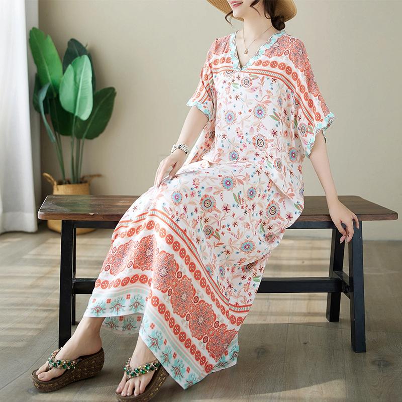 

DIMANAF 2024 платье больших размеров женский летний сарафан с v-образным вырезом богемный свободный макси-платье большого размера с цветочным принтом 9020 One Size