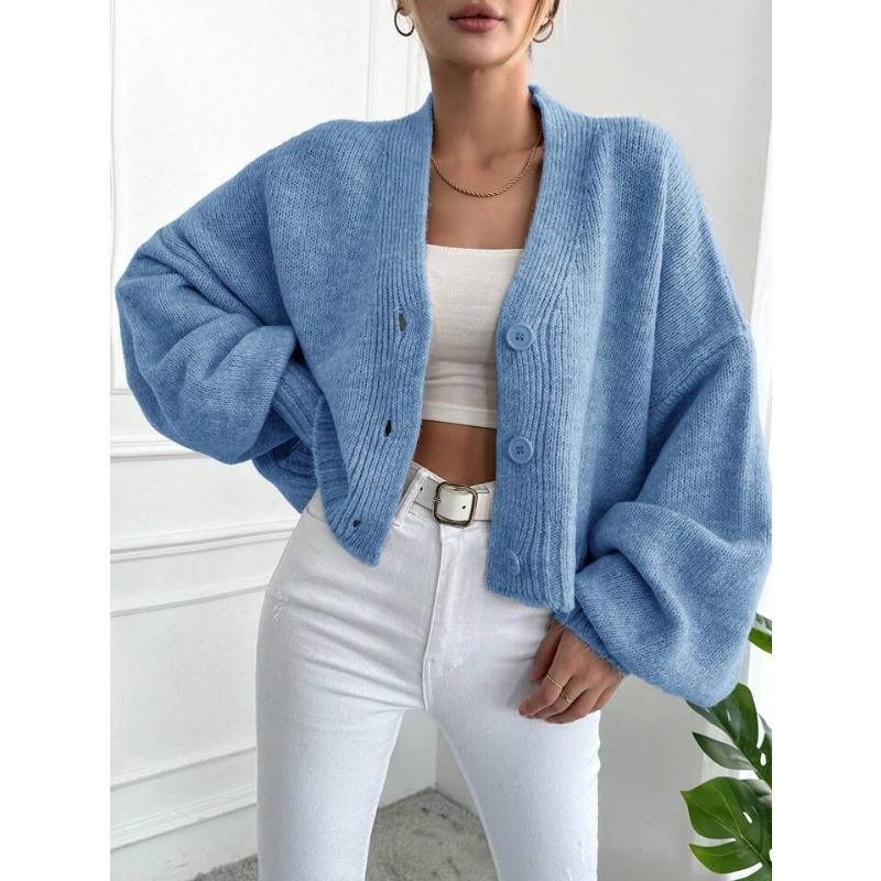 Autumn Winter V-neck Single Breasted Knitting Outwear Women Loose Casual Solid Color Cardigan Coat Sweater Top