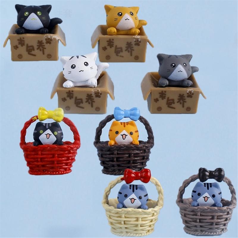 4Pieces Funny Basket Cats Miniature Figurine Plastic Decorative Ornaments Living Space Accent Gift for Kitten Lover