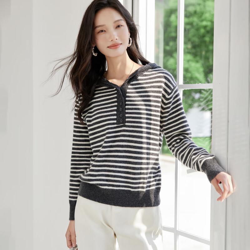 Han Du Yi She Wool Blend Crochet Hooded Striped Sweater