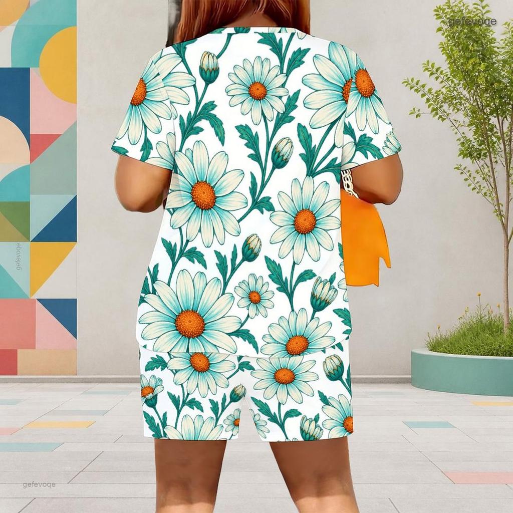 Women Plus Size Floral Printed Round Neck Short Sleeve Top Pocket Shorts Two Piece Set