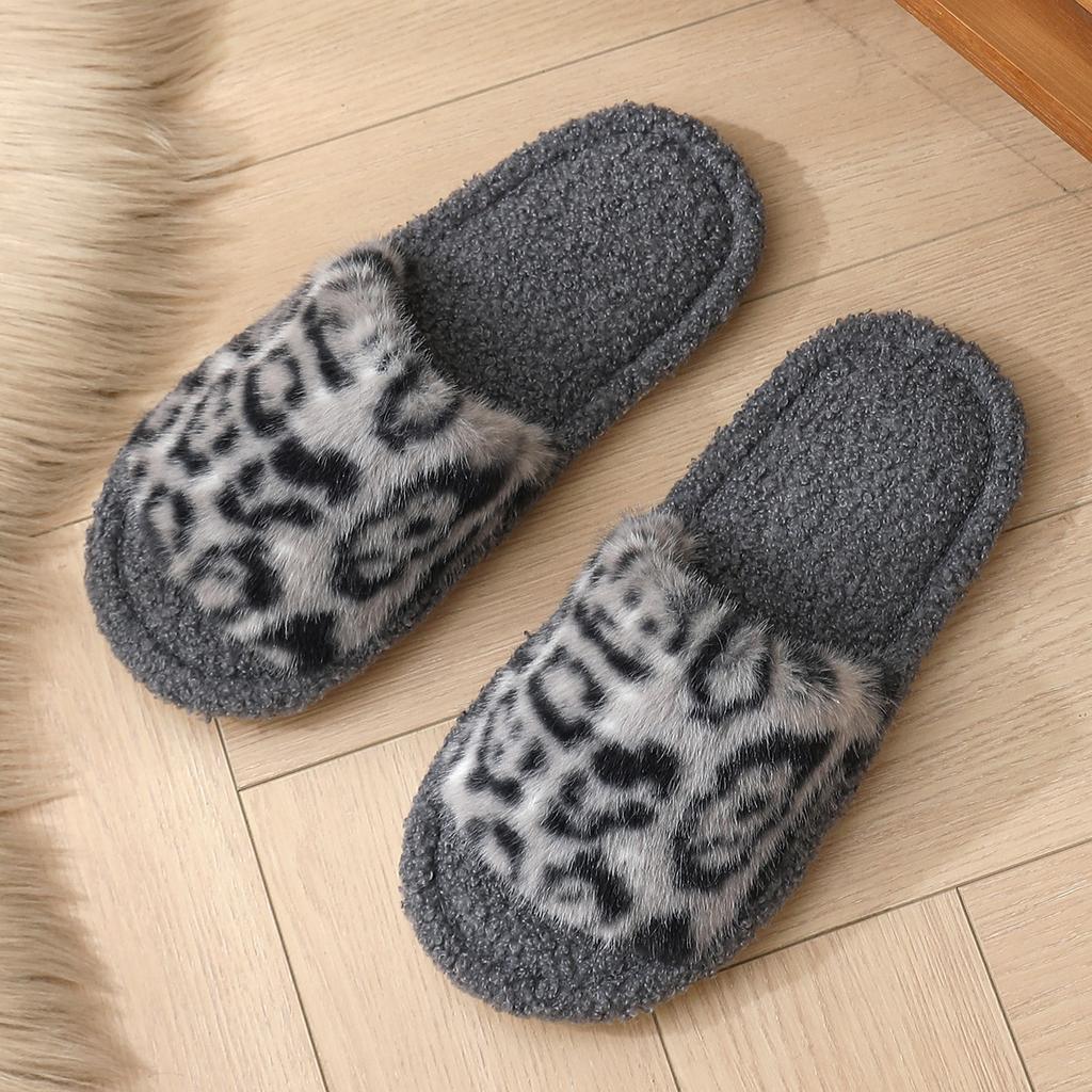 New season leopard print fluffy cotton slippers flat bottom women's fashion home fluffy slippers
