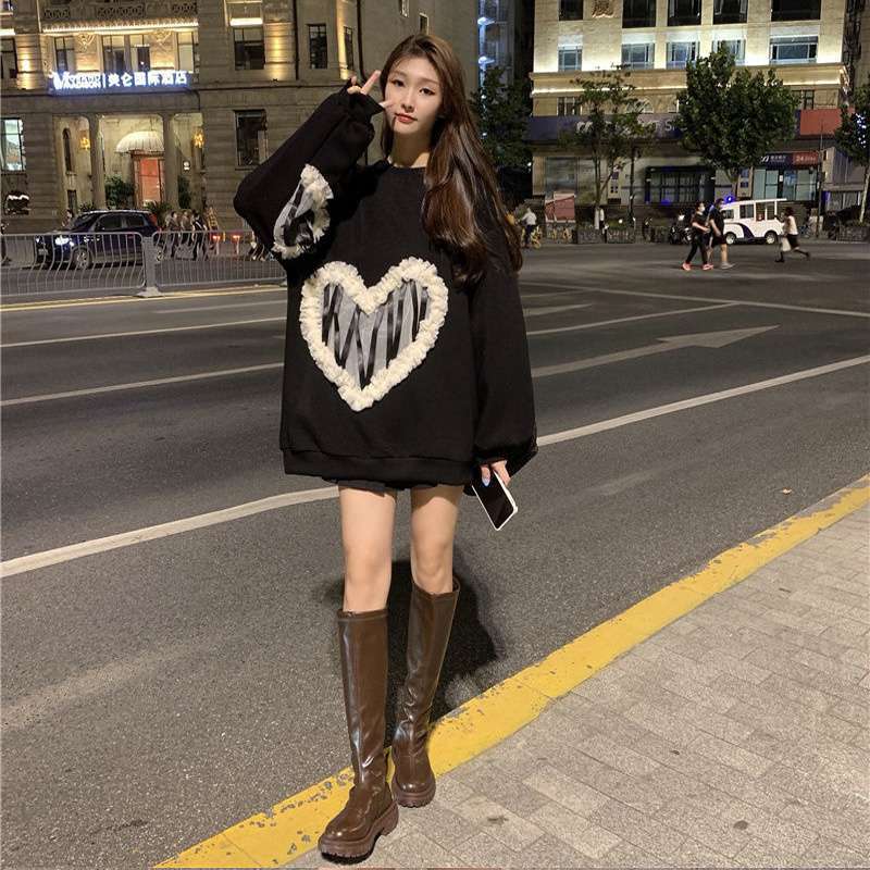 Women Korean Style Casual 3D Mesh Splicing Hoodie Heart Round Neck Long Sleeve Loose Pullover Sweatshirts Autumn Tops