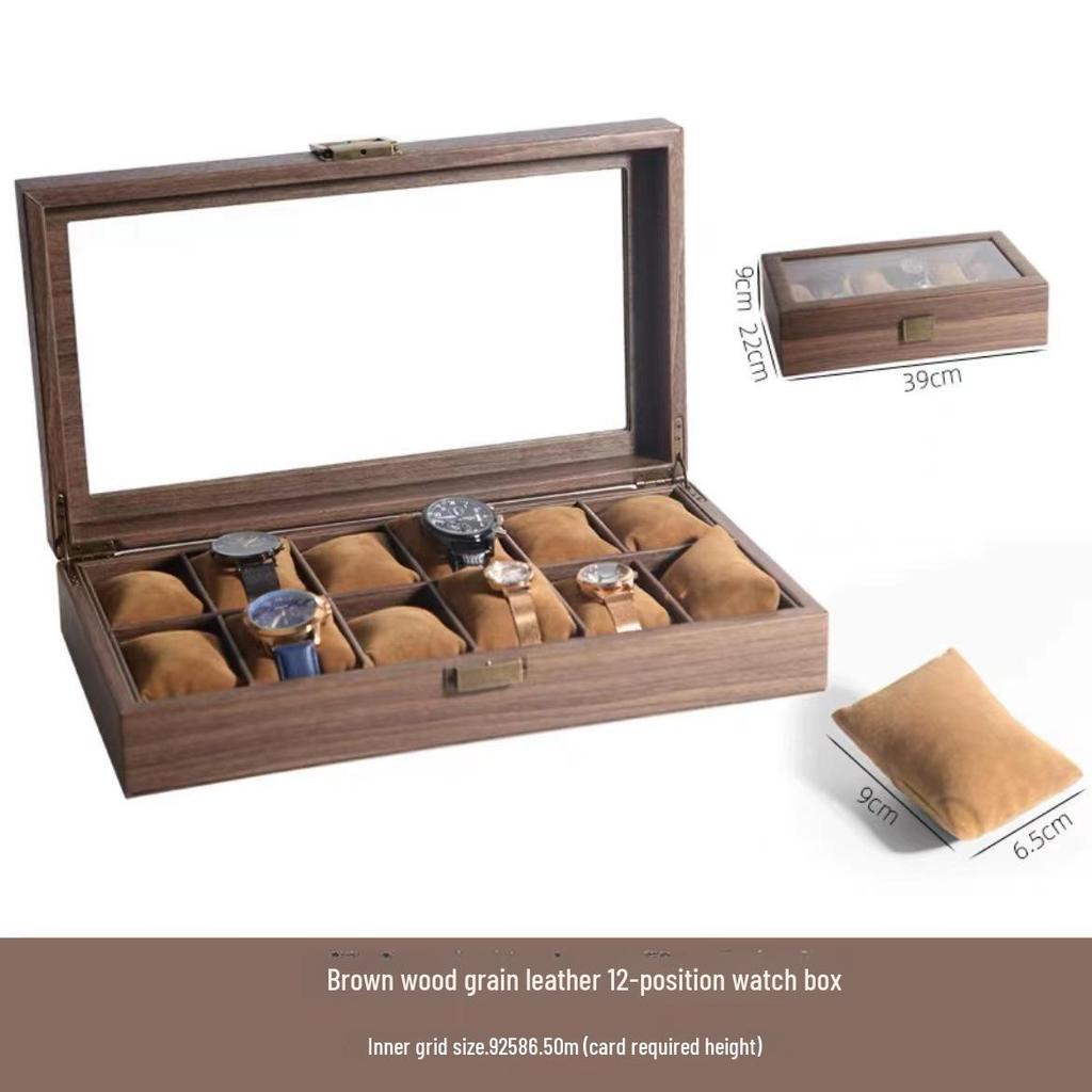 Dustproof Wood Grain Leather Jewelry Watch Box with Glass Display Top