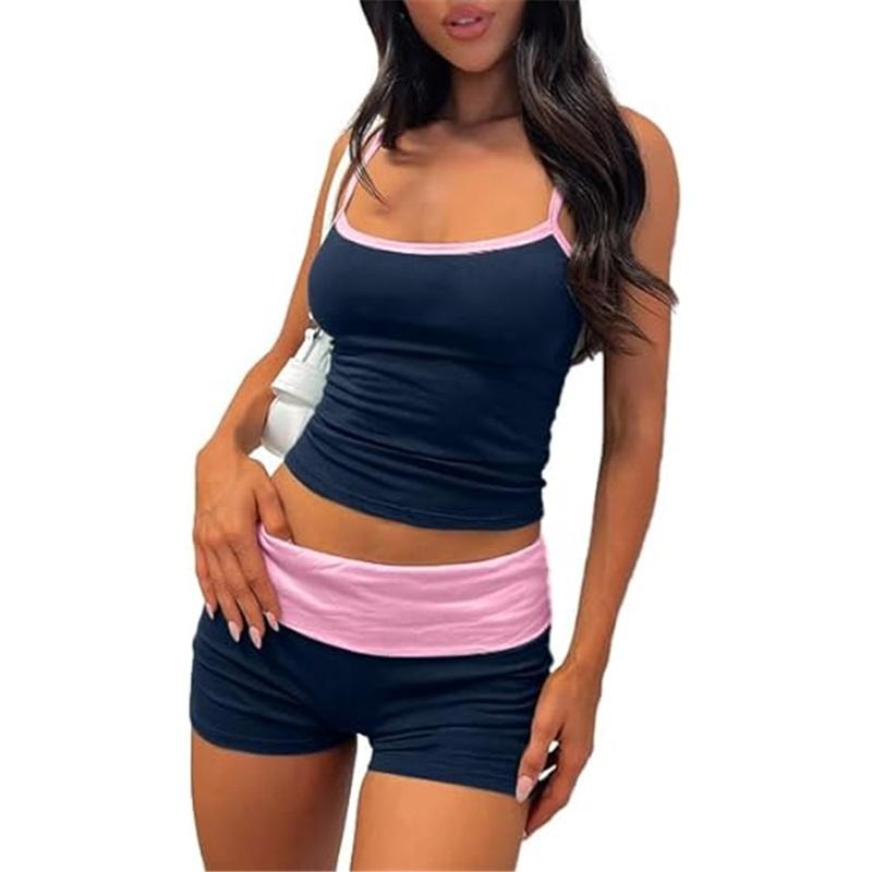 Women Casual 2 Piece Short Clothes Suits Slim Fit Streetwear Fashion Sleeveless Camisole Fold-Over Micro Shorts Set Outfits