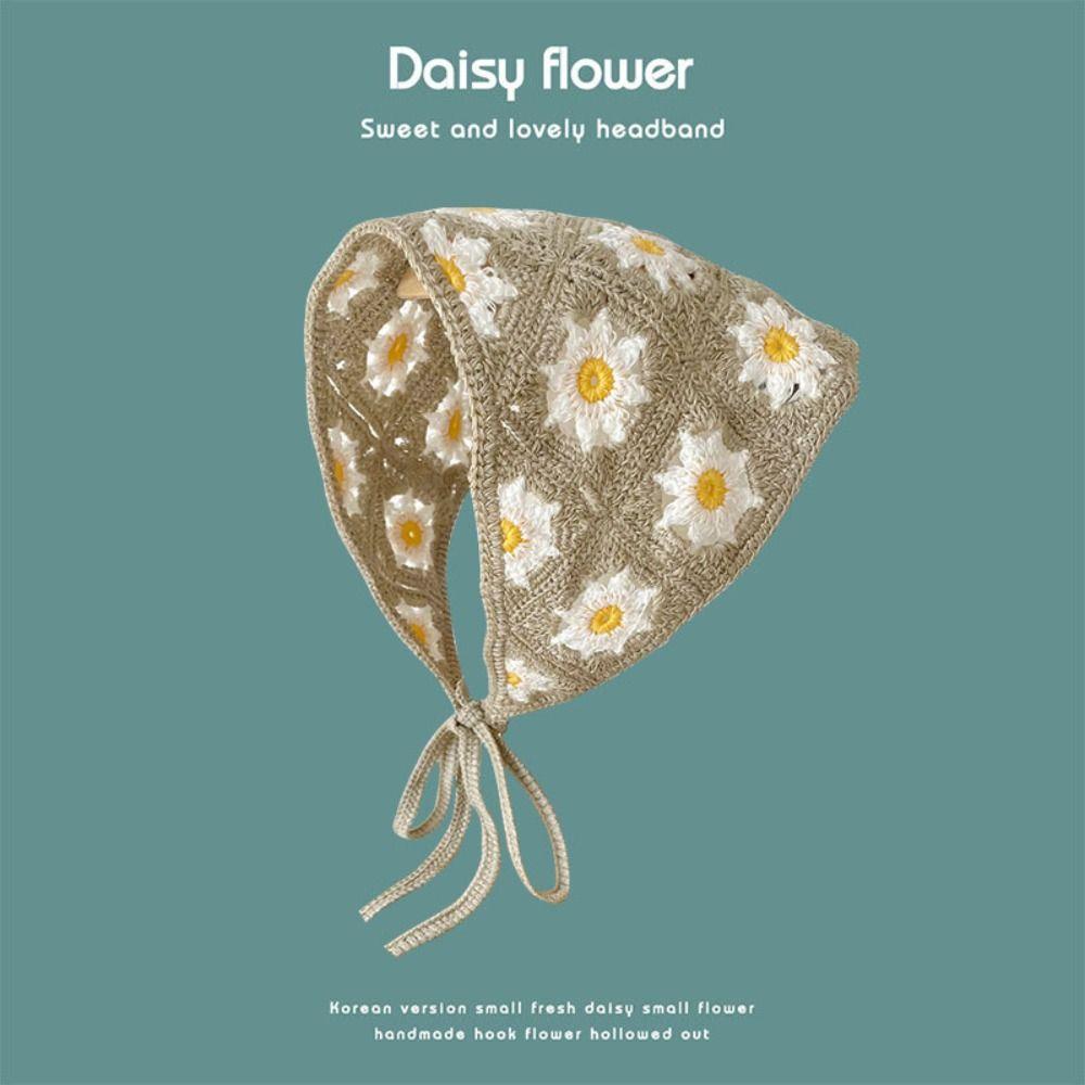 1Pc Knitted Triangle Headband French Pastoral Style Headscarf Hat Little Flower Handmade Crochet Headband Towel Spring Summer