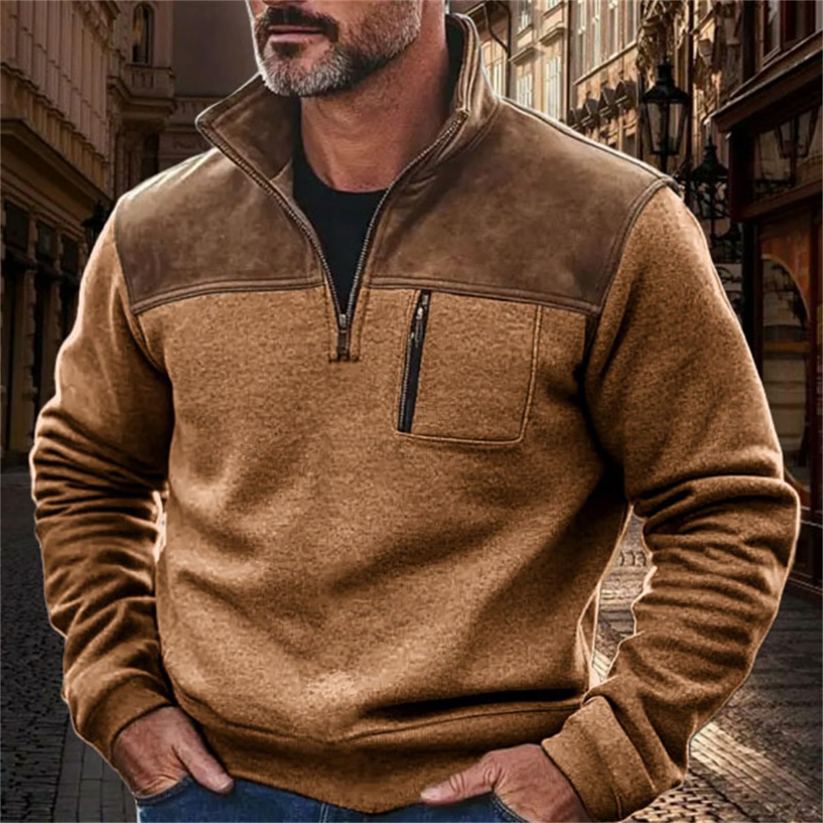 

Мужская флисовая толстовка в стиле ретро с карманом, цветной блок, облегающего кроя, с длинным рукавом, пуловер на молнии до середины, модная XL