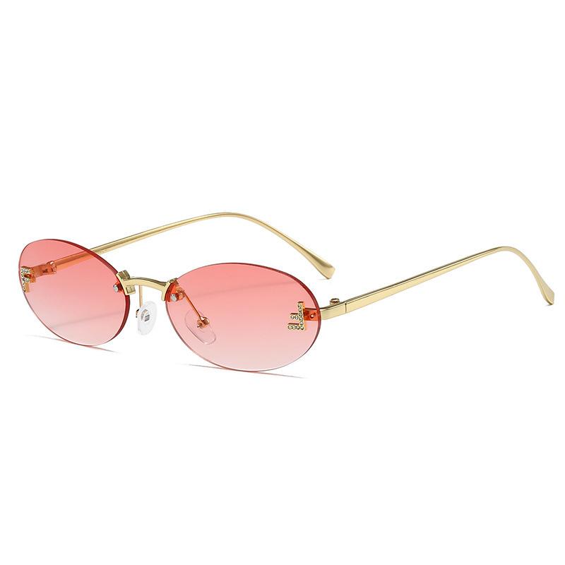 New European and American FF letter oval frameless women's sunglasses elegant diamond-encrusted small frame sunglasses UV protection