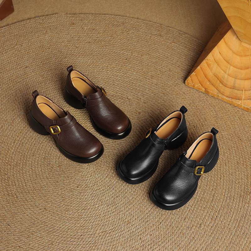 Krazing Pot cow skin Autumn Winter Shoes Metal Buckle Loafers chunky Heels Slip on Size 43 Round Toe Slip on Deep Mouth Pumps