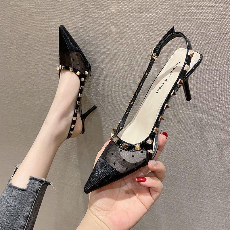 Sandals polka dot high heels with willow nails 2025 spring new mesh bag head thin heel empty women's sandals
