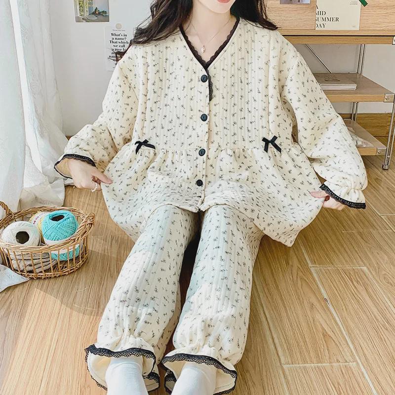 2024 Warmer Umstandspyjama aus Air-Baumwolle mit Zwischenschicht – Strickjacke mit Rundhalsausschnitt und Stillzugang für Herbst/Winter.