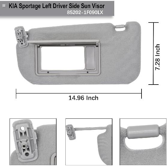 NHILES Driver Left Side Sun Visor Replacement Fits for KIA Sportage 2005-2010 Sunshade Without Light 85202-1F090LX Color Gray