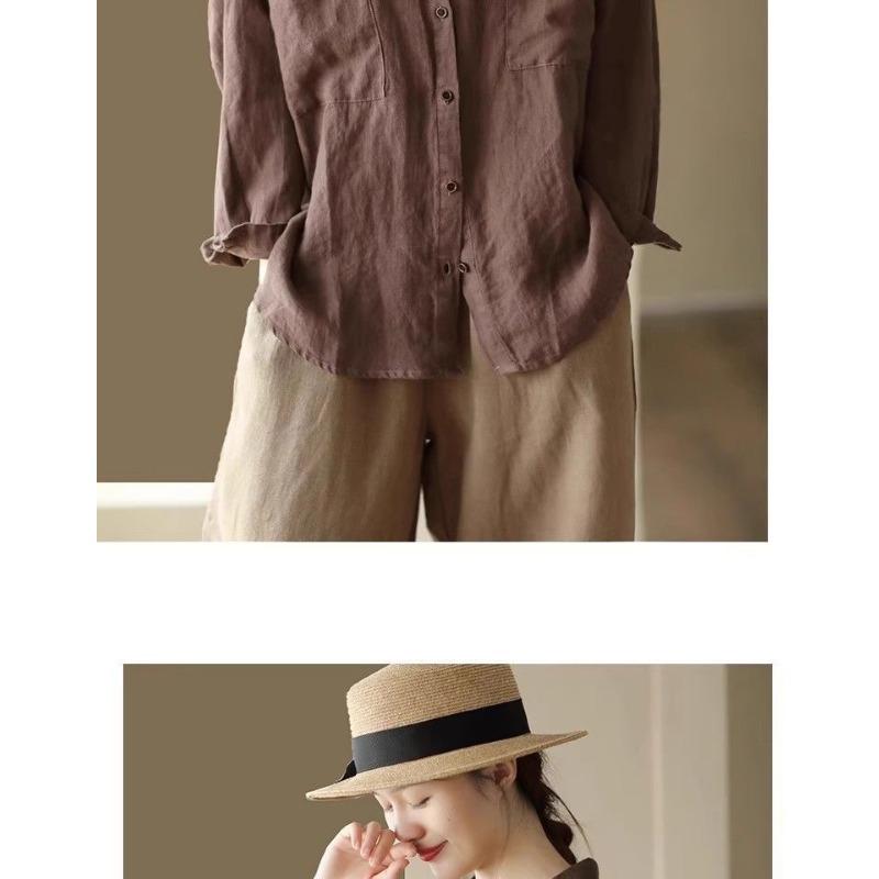 Chemise Polo Manches Longues Vintage en Coton et Lin pour Femme Blouse Décontractée