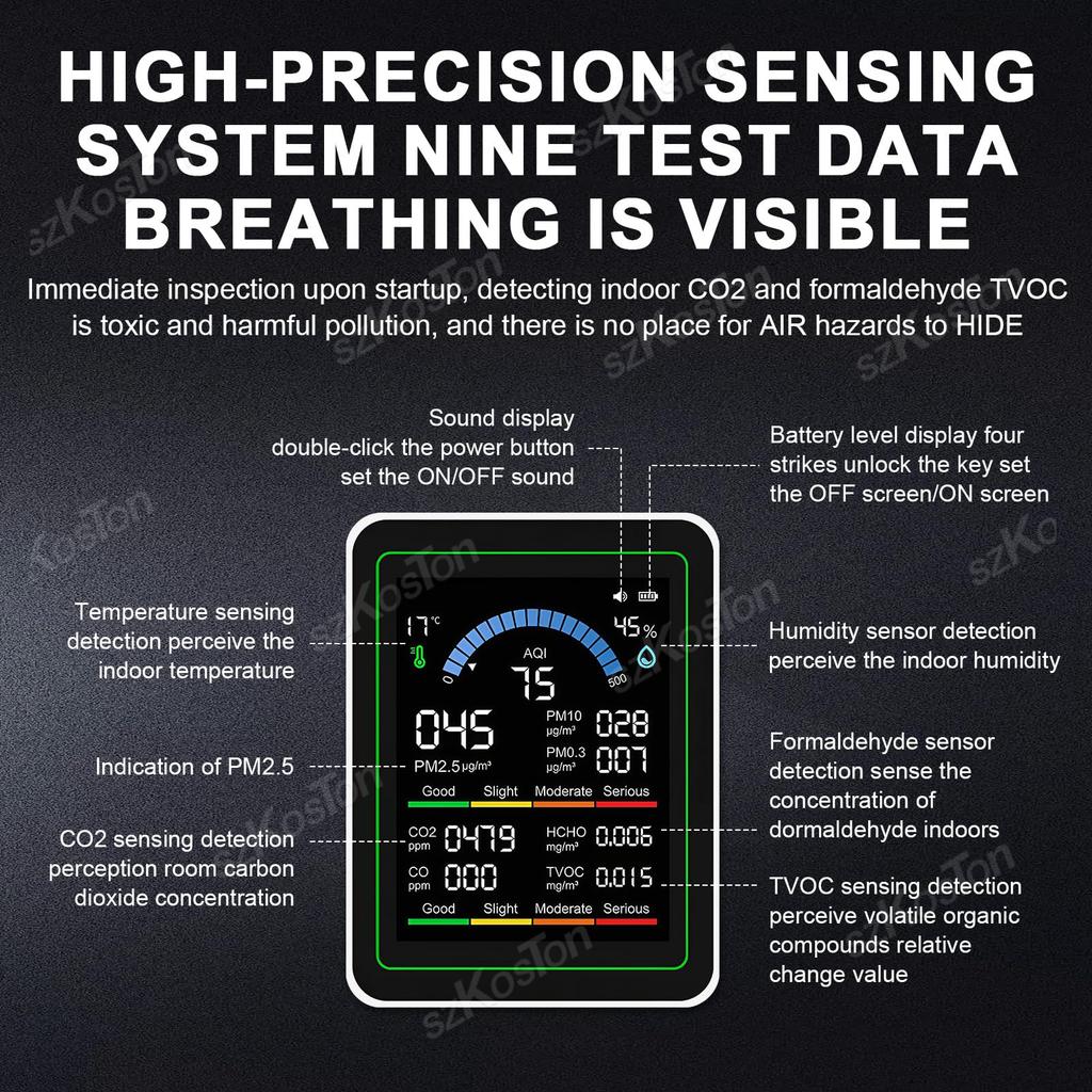 10 In 1 Air Quality Monitor PM2.5,CO₂,HCHO,TVOC,CO,Temperature and Humidity Multi-functional Air CO2 Sensor with Display Screen
