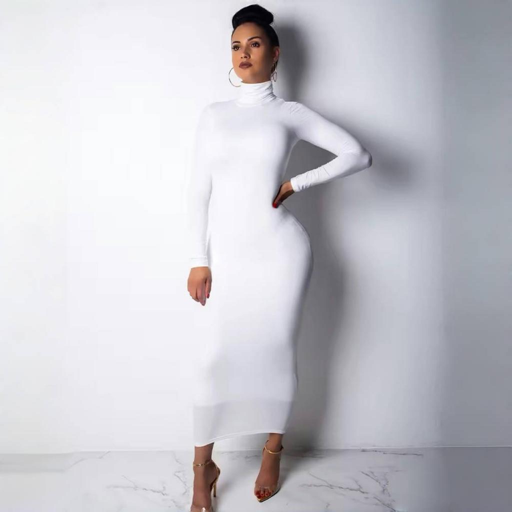 Nové podzimní a zimní dlouhé šaty longuette s dlouhým rukávem, elastické, zeštíhlující, s vysokým límcem, slim