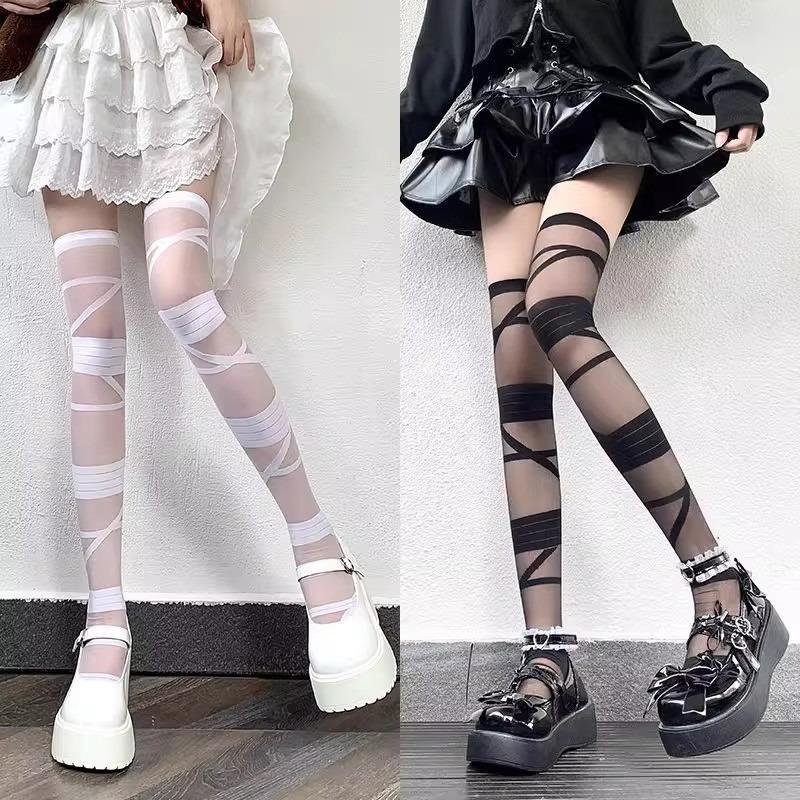 2026 Japanese Lolita Tights Black And White Bandages Punk Ghotic JK Cross Strap Long Over The Knee Cosplay Stockings Decoration