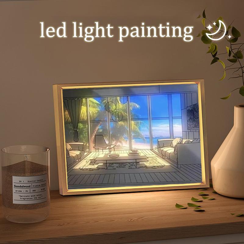 INS Deco Led Light Painting USB Plug Dimming Wall Artwork Table Lamp Gift Indoor Sunlight Window Wooden Photo Night Luminous