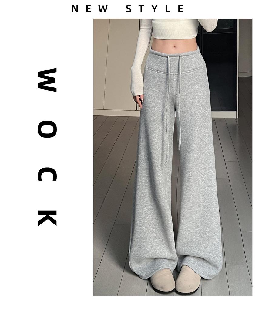 Light Gray Plus Velvet Wide-Leg High Waist Slimming Pants - Women's Autumn/Winter Japanese Korean Style