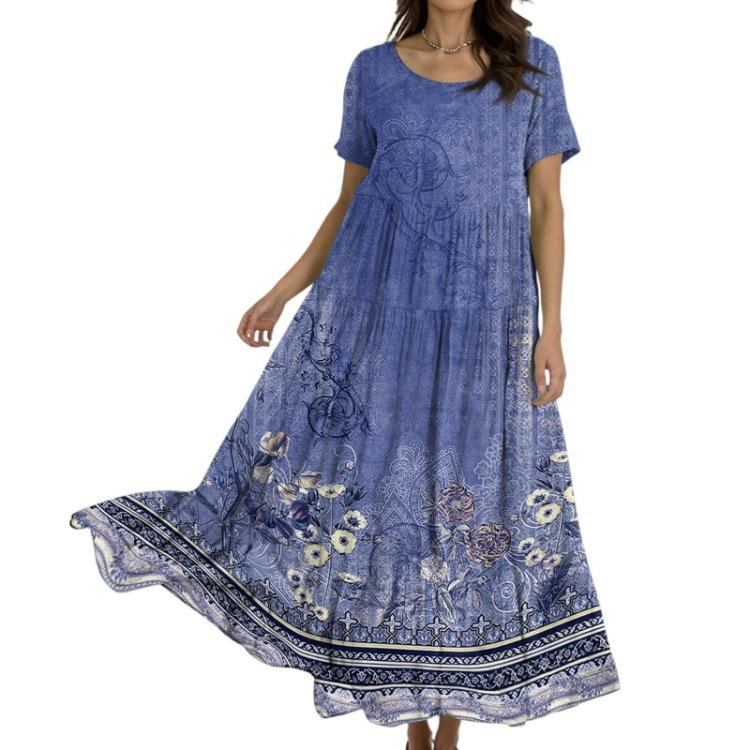 Bohemian Floral Summer Beach Dress Women Casual Loose Long Maxi Swing Short Sleeve
