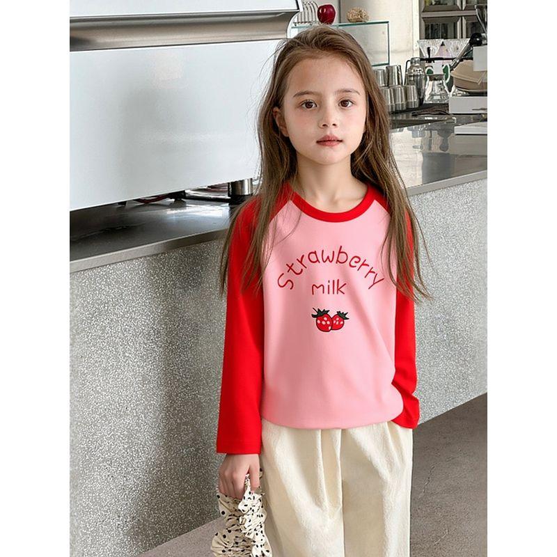 2026 Kidsren's Clothing Kidsren's Pure Cotton Long-Sleeved T-Shirt Girls Cartoon Fruit Strawberry Print Spring New Knitwear Ins