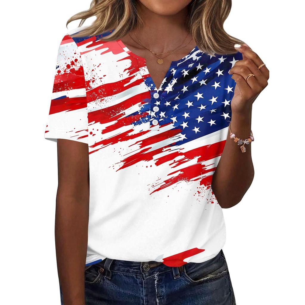 Women's T Shirt Independence Day Print Button Short Sleeve Daily Weekend Fashion Basic V- Neck Regular Top