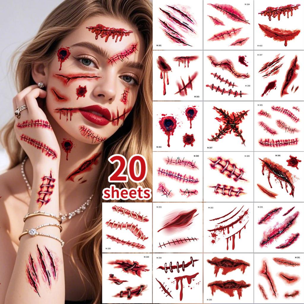 20PCS Halloween Scar Stickers for Face, Realistic Wound Effect Makeup Kit for Party Costume