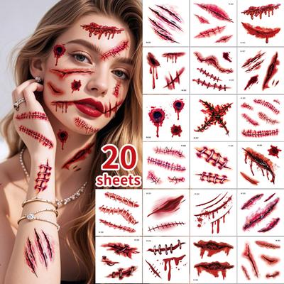 20 BUCĂȚI Stickere cu Cicatrici de Halloween pentru Față, Kit de Machiaj cu Efect Realist de Rănire pentru Costum de Petrecere