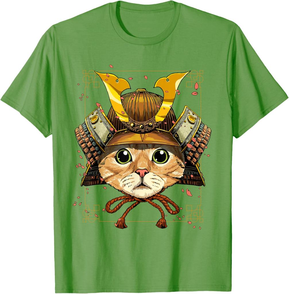 Samurai Cat Warrior Japanese Ronin Graphic Tee Breathable Casual Cotton T-Shirt for Men
