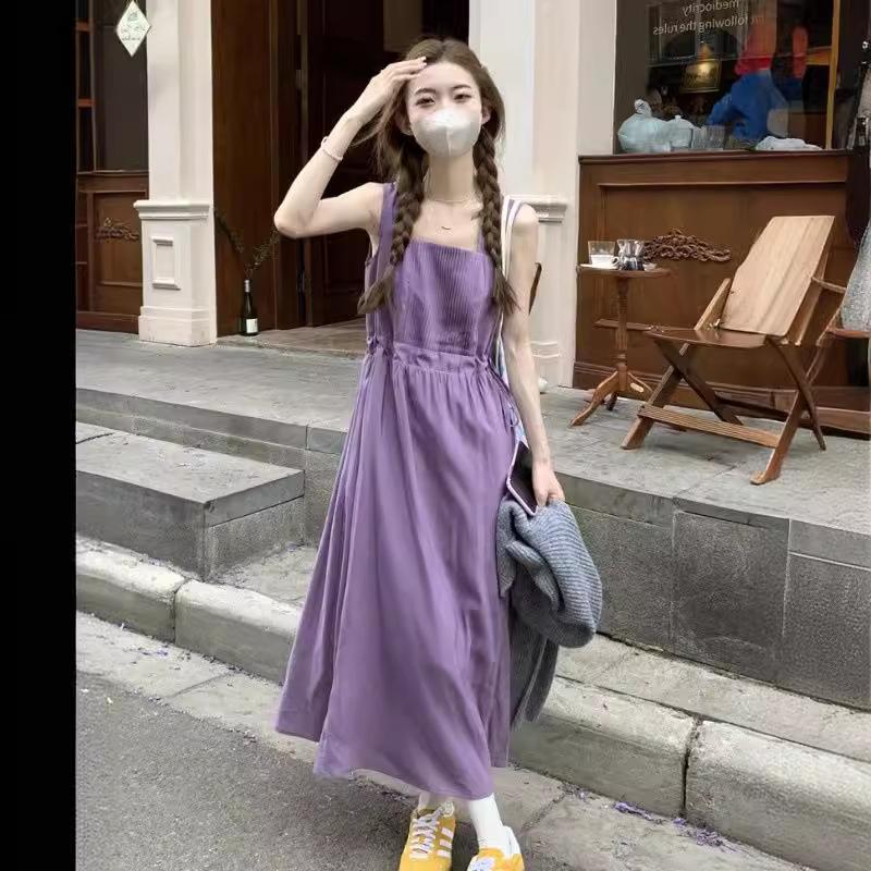 French Gentle Purple Sleeveless Spaghetti Strap Dress for Women, Summer Elegance Drawstring Waist-Cinching Slimming Camisole Long Dress